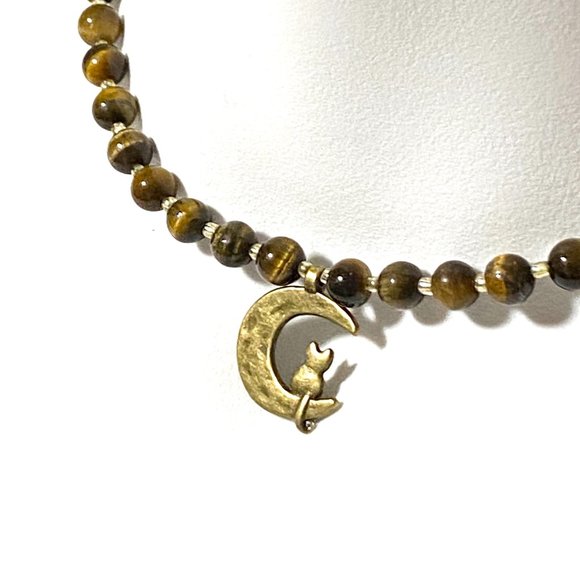 Tigers Eye Bronze Cat on the Moon Necklace, Genuine Gemstone Beaded Necklace - Picture 3 of 10